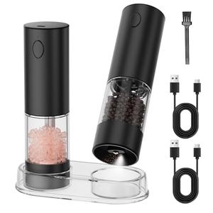 Electric Salt and Pepper Grinder Set, Rechargeable Automatic Salt Pepper Shakers Mills, Adjustable Coarseness Easy Filling with Base&Cover, for Kitchen Outdoors Gift (Upgrade 3.4 oz Black)