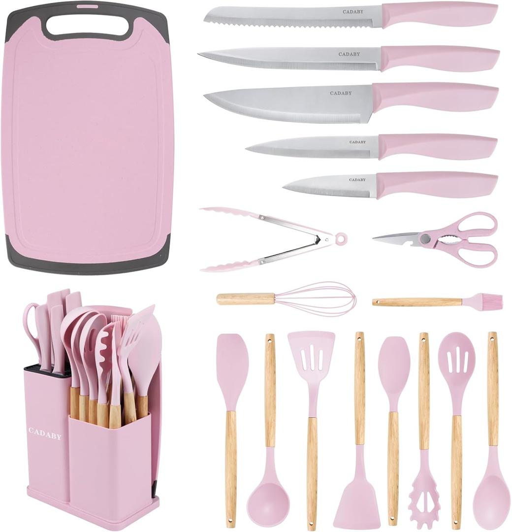 CADABY 19 PCS Kitchen Cooking Utensils Set, 11 Pieces Silicone Cooking Utensils Set 6 Pieces Sharp Stainless Steel Pink Knife Set with 1 Piece Cutting Board, Ideal for Apartment