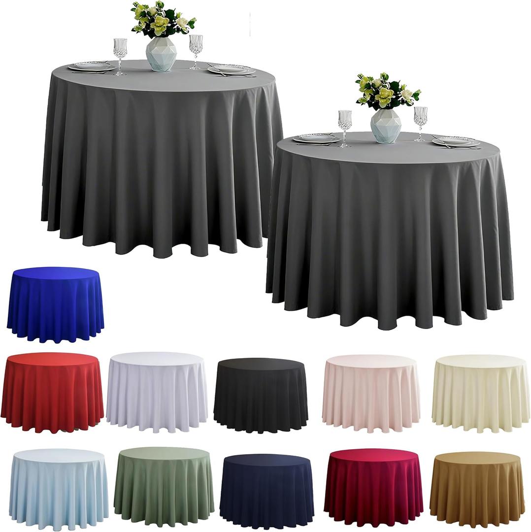 2-Pack Round 120-inch Grey Table Cloths, Solid Stain and Wrinkle Resistant Circular Tablecloth, Premium Plain Weave Polyester Fabric Table Linen Covers for Hotel, Banquet