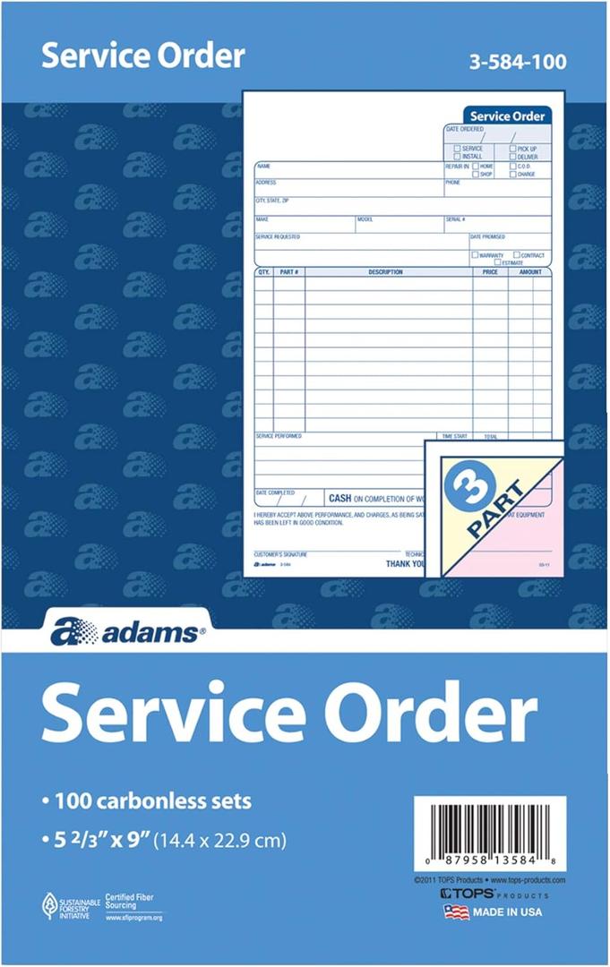 Adams Service Order Form, 3 Part, Carbonless, 5 2/3"X9" Inches, 250 Sets per Pack (3-584)