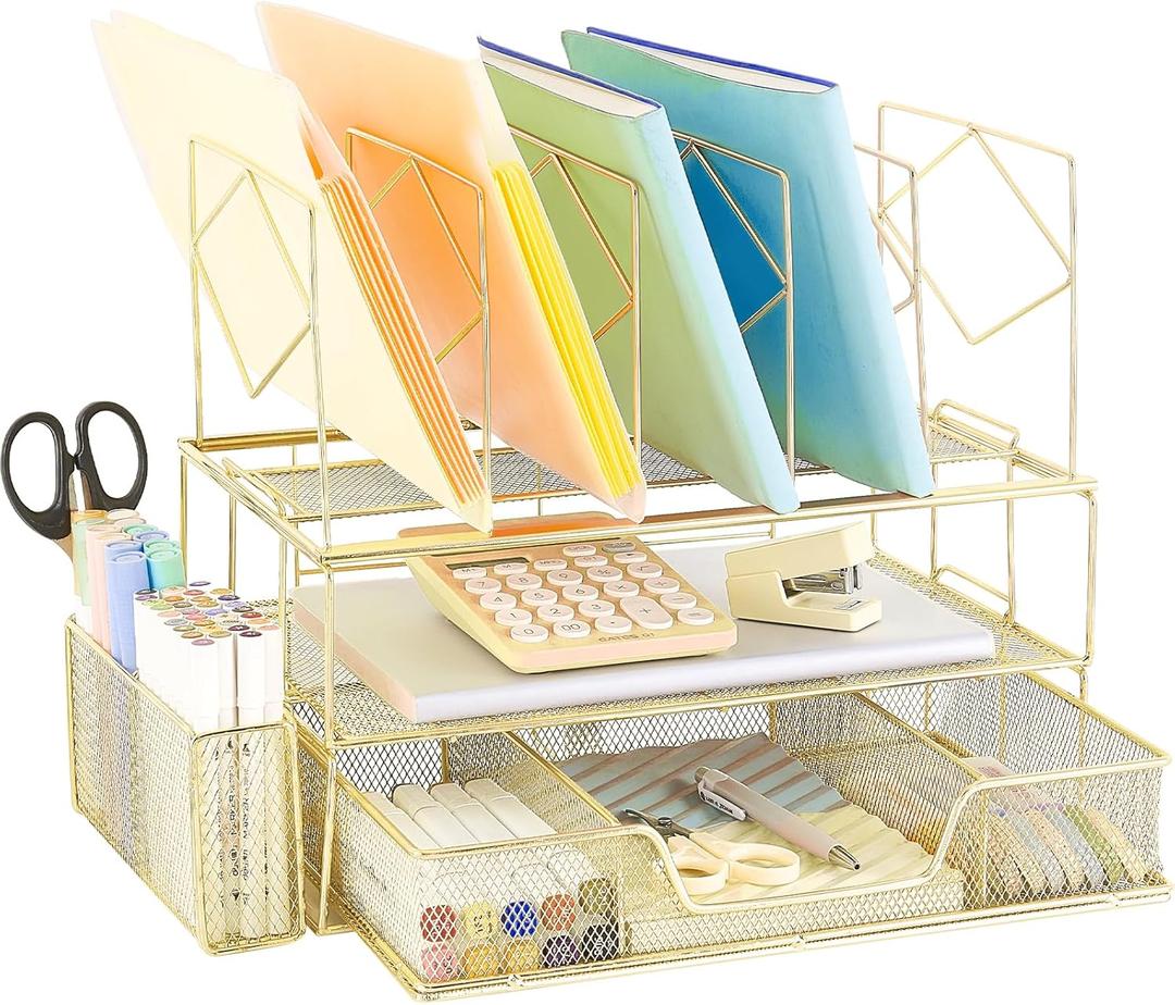 Youbetia Cute Desk File organizer, Desktop Organizers and Workspace Accessories, File Rack Office Supplies Organization, Double Tray and 5 Upright Sections with Pencil Holder and Drawer (Gold)