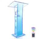 Devloutt Acrylic Podium Stand, Ultra Clear 43'' Pulpits for Churches with 15 Color Adjustable, Modern Lectern with Storage Sheld for Church,Conference,Speech,Classroom, 23.62”x 15.75”X 43.3”