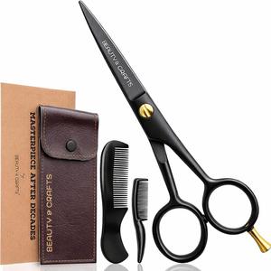 Beauty & Crafts 5 Professional Beard & Mustache Scissors for Men | German Stainless Steel Beard Trimming Shears with 2 Mustache Combs & Premium Pouch for All Facial Hair (Black)