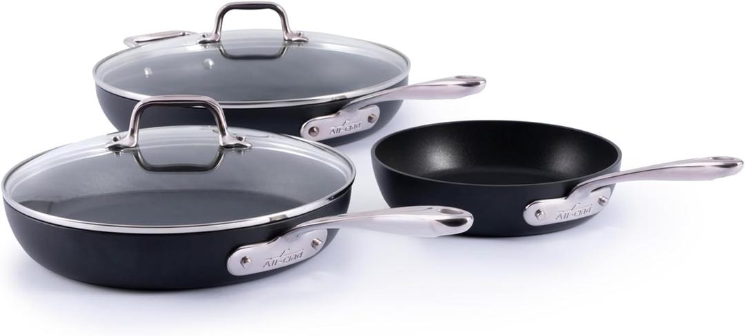 All-Clad HA1 Expert Hard Anodized Nonstick Frying Pans Skillets Set with Lids (8", 10" & 12") Dishwasher-Safe, Oven-Safe Up to 500F Compatible with All Stovetops (Gas, Electric & Induction) - Black