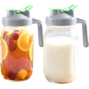 Mason Jar Pitcher With Pour Lid 32 Oz Glass Breast milk Storage Jug 1 Quart Wide Mouth Glass Tea Pitcher With Handle Creamer Container For Fridge Juice, Cold Brew Coffee,Lemonade,Beverage 2 Set (Green)