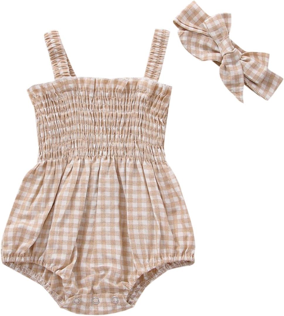 FOMOYUU Infant Newborn Baby Girl Ruffle Sleeveless Romper Summer Clothes Outfit with Cute Floral Print Jumpsuit (0-3 Months, Khaki Plaid)