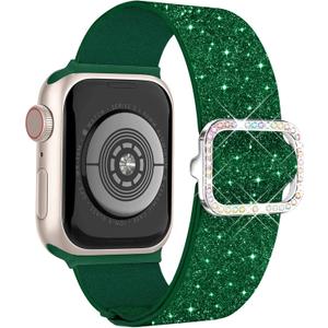 Wipalor Sparkly Stretchy Nylon St Patricks Day Clover Band Fit Bling Apple Watch Bands for Women, Glitter Clover iWatch, Size: 46mm/44mm/45mm/49mm/(42mm-Series3/2/1), Ultra-St Patricks Green