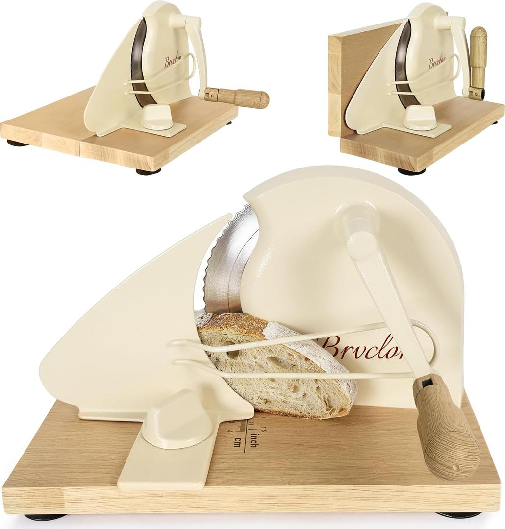 Brvclon Foldable Manual Bread Slicer with Wooden Board & Foldable Handle,0-0.9" Adjustable Thickness,Serrated Blade & Suction Cup,Bread Slicer for Homemade Sourdough Bread,Soft Bread,Bagels,and More