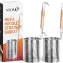 2 Pack Pasta Basket, Stainless Steel Mesh Noodle Strainer Basket with Wooden Handle, for Boiling Food, Pasta, Noodles, Dumpling, Ramen, 4.3''D x 5.7''H