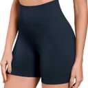 ODODOS Seamless Biker Shorts for Women 5" Inseam Ribbed High Waisted Running Yoga Shorts, Lycra Deep Blue, Medium