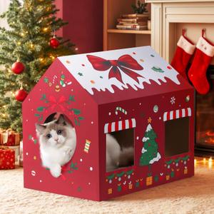 WESTERN HOME Christmas Cardboard Cat House, Indoor Cat Scratcher House (16.5''x12''x15''), Christmas Cats Cardboard Playhouse Hideaway for Small Animals