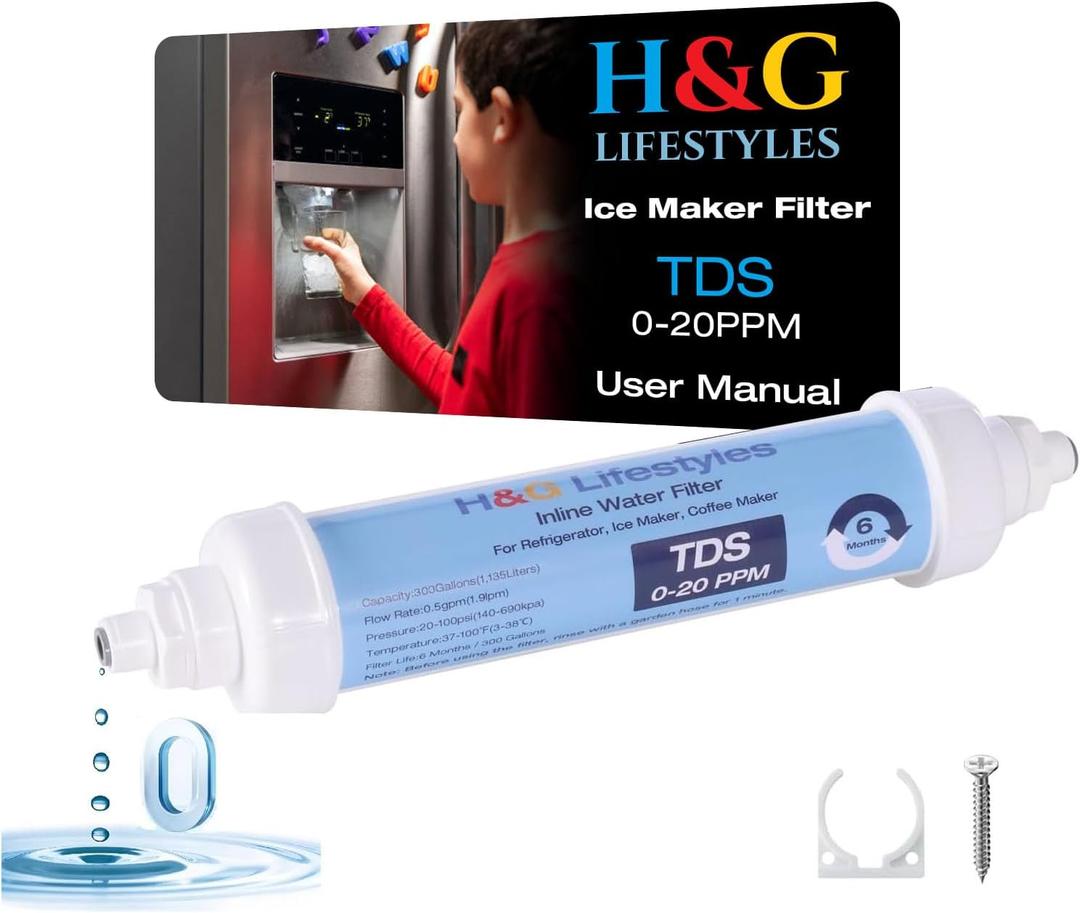 H&G Lifestyles Ice Maker Filter Replacement,0 TDS Inline Water Filter for Refrigerator, Reduce TDS to 0-20 PPM,Remove Chlorine Heavy Metal Odor,with 1/4-Inch Quick Connect Fittings