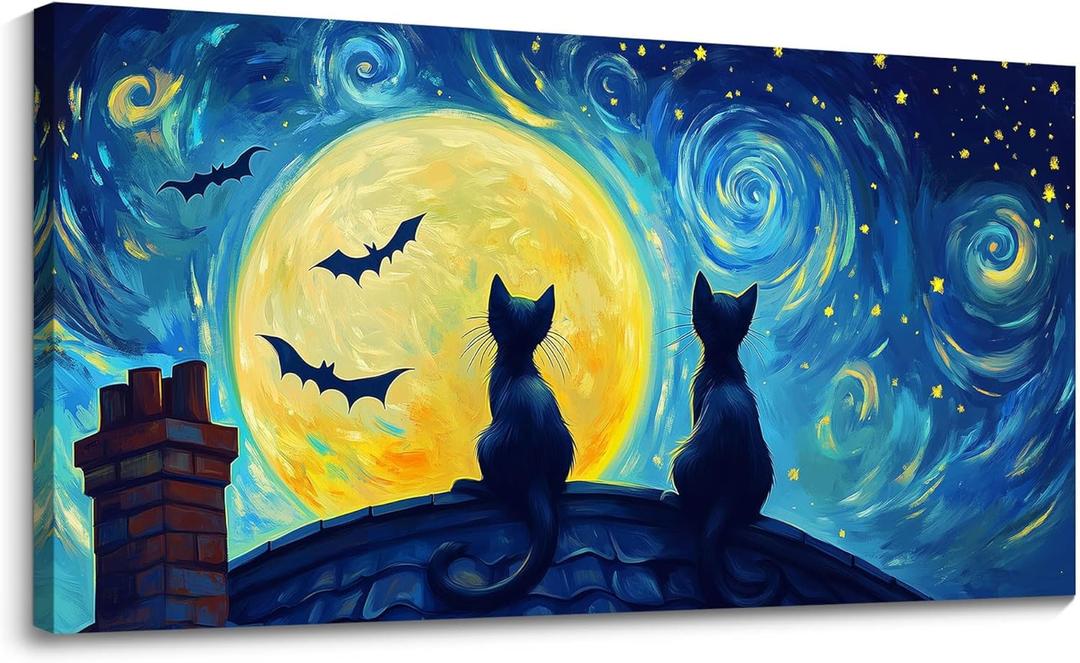 CHATYOUNG Large Living Room Wall Art, Abstract Starry Night Cat Animal Canvas Prints Dark Blue Wall Pictures Ready to Hang Bedroom Kitchen Hallway Home Office Artwork Painting Decor 29x58 IN (58L" x 29W")
