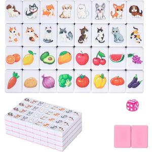 GRACIAS 4 Players Mahjong Block Set, 128 Pink Tiles(1.18) with Animal and Food Pattern, Portable Mahjong Set with A Carry Bag, Mahjong Tile Game