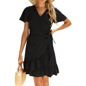 Naggoo Womens Wrap Dress V Neck Trendy Polka Dot Ruffle Short Sleeve Evening Mini Dress (Large, Solid Black)