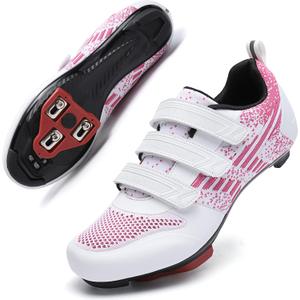 Unisex Road Bike Cycling Shoes Compatible with Peloton Shimano SPD Bike Riding Shoes for Men Women, 3 Straps, Pre-Installed Delta Cleats for Indoor Outdoor Cycling Biking (White Pink) Size 5.5
