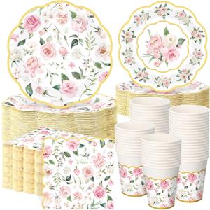 Set of 250 Floral Party Decorations Flower Paper Plates Napkins and Cups Pink and Gold Floral Disposable Tableware Set for Bridal Shower Baby Shower Wedding Spring Tea Party Supplies, Serves 50
