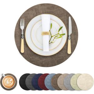 Round Faux Leather Placemats and Coasters, Set of 6, Reversible Heat Resistant Non-Slip Table Mats, Waterproof Wipeable Place Mats for Dining Table, Washable for Indoor & Outdoor (6, Dark Brown)