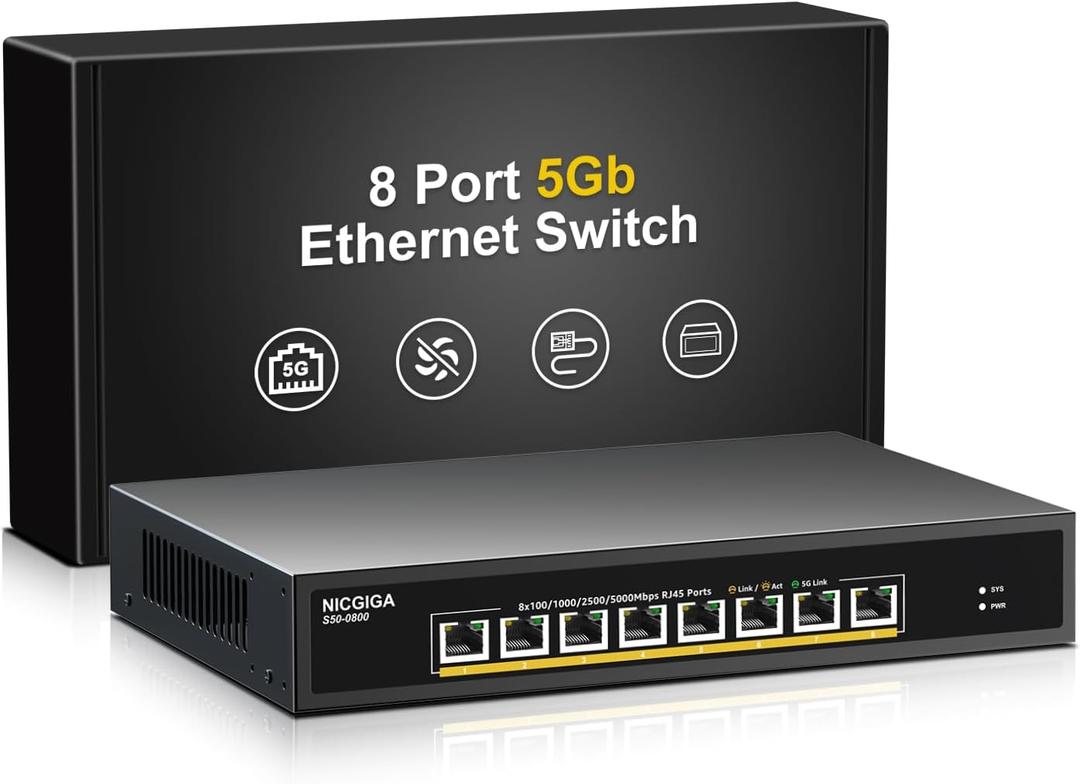 8 Port 5G Ethernet Switch Unmanaged,with 8X 5Gb Base-T Ports, NICGIGA 5Gbps Network Switch Easy for 5G NAS,PC,WiFi7 Router,5G Adapter/NIC. Desktop or 19-inch Rack Mount, Plug and Play.