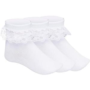 Pistha 3 Pairs Girls Ruffle Socks White Ruffled Lace Socks for Girls Toddler Frilly Dress 5-7 Y