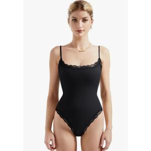 Women Square Neck Lace Bodysuit Sleeveless Spaghetti Strap Tank Top, M