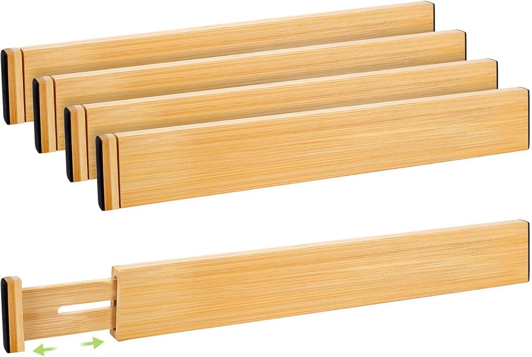 Drawer Divider, Adjustable Bamboo Kitchen Drawer Organizer, Spring Loaded Drawer Organizer, Dresser Separators for Kitchen, Bathroom, Clothes, Office Desk Storage, Natural, 4 Pack Large