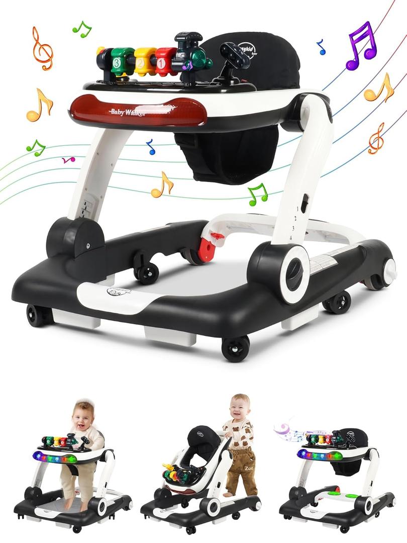Music and Lights Baby Walker with Wheels, 6 in 1 Baby Activity Center w/Ergonomic backrest Design, Baby Walkers for Boys w/Foot Pads, Music Bouncer Walkers for Boys Girls Babies 6-18 Months, Black (A-Black)