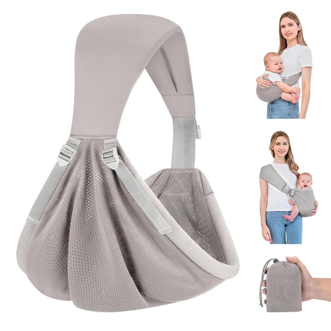 Baby Sling Carrier Newborn to Toddler, Upgraded Adjustable One-Shoulder Lightweight Portable Carrier with Breathable Fabric & Ergonomic Support for 6-40 Lbs, One Size Fits All (Grey)