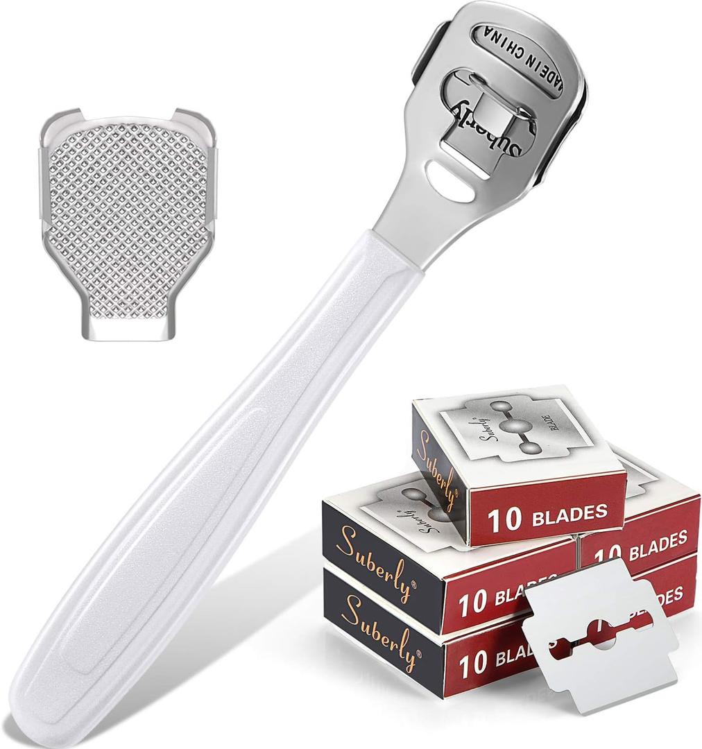 52 Pieces Callus Shaver Set, 50 Replacement Slices Blades 1 Stainless Steel Callus Shaver and 1 Foot File Head Foot Care Tools Hard Dry Skin Remover for Hand Feet