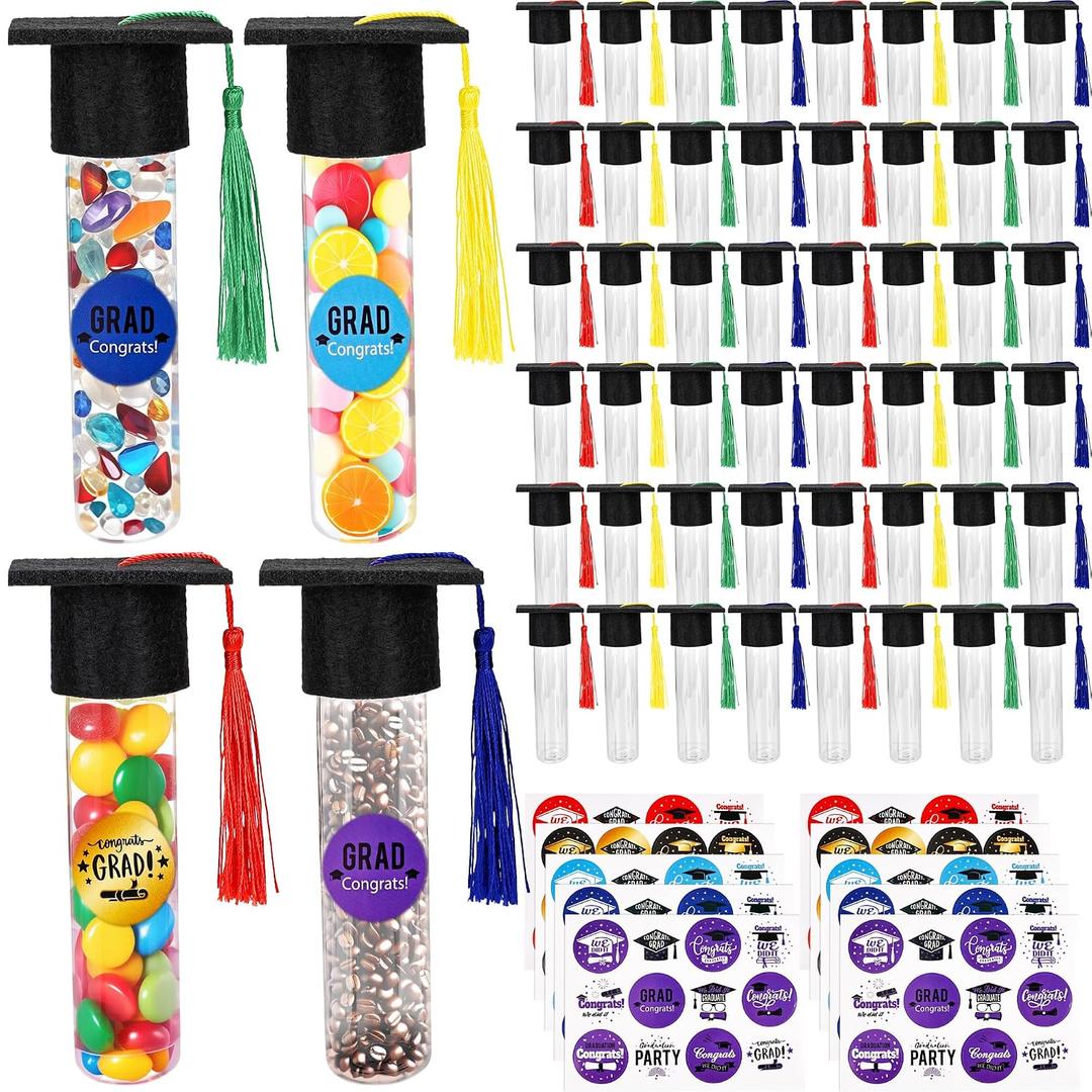 48 Set Graduation Candy Tubes with Grad Cap Lids and Assorted Stickers Clear Candy Jars Containers for Class of Graduation DIY Grad Party Favors Gifts Supplies Decorations