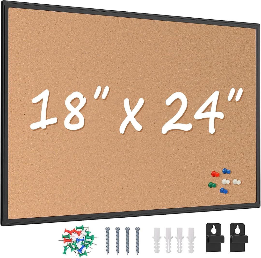 Cork Board Bulletin Board 24 x 18, Black Aluminium Framed Corkboard, Office Board for Wall Cork, Large Wall Mounted Notice Pin Board with 16 Push Pins for School, Home & Office