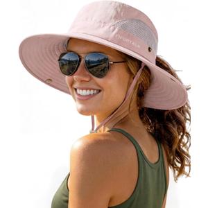 FURTALK Womens Sun Hat with Ponytail Hole Beach Hiking Summer Wide Brim UPF 50+ Outdoor Protection Foldable Bucket Hat (Pink)
