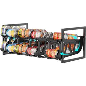 iSPECLE Expandable Can Organizer for Pantry, Large Capacity 60 Cans Can Storage Organizer Pantry Rack, Auto Rolling Dispenser & Stackable Metal Wire Holder for Deep Pantry Shelves, Black