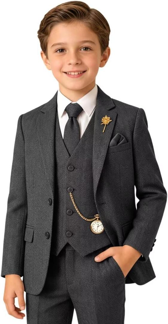 Herringbone Tweed 3 Piece Boys Suits Wool Blend Formal Party Dinner Tuxedo Set Suit Jacket Blazer Vest Pants for Boy Kids Child Dark Grey Gray (3T)