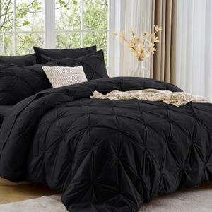 Sasttie Queen Comforter Set, 7-Piece Bed in a Bag, Pintuck Bedding Sets for All Season, Includes Comforter, Flat Sheet, Fitted Sheet, Pillowcases and Pillowshams, Black