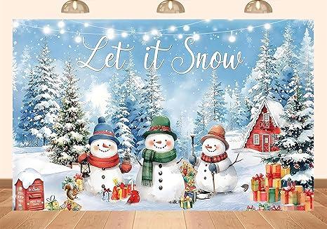 PEKRU 5x3ft Fabric Let It Snow Backdrop Winter Forest Snow Scene Snowman Red Cabin Christmas Party Decoration Background Photo Booth Shooting Props