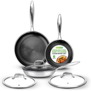 NutriChef 6-Piece Tri-Ply Stainless Steel Frying Pan Set  8", 10", 12" Non-Stick Skillets with Lids, Induction Compatible, Oven Safe, Scratch-Resistant, Dishwasher Safe