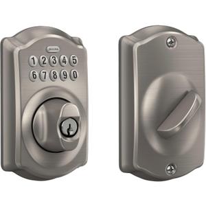 Schlage Camelot Electronic Keypad Deadbolt Lock, Keyless Front Door Entry, Mechanical Key Backup Included, Satin Nickel, BE365 V CAM 619