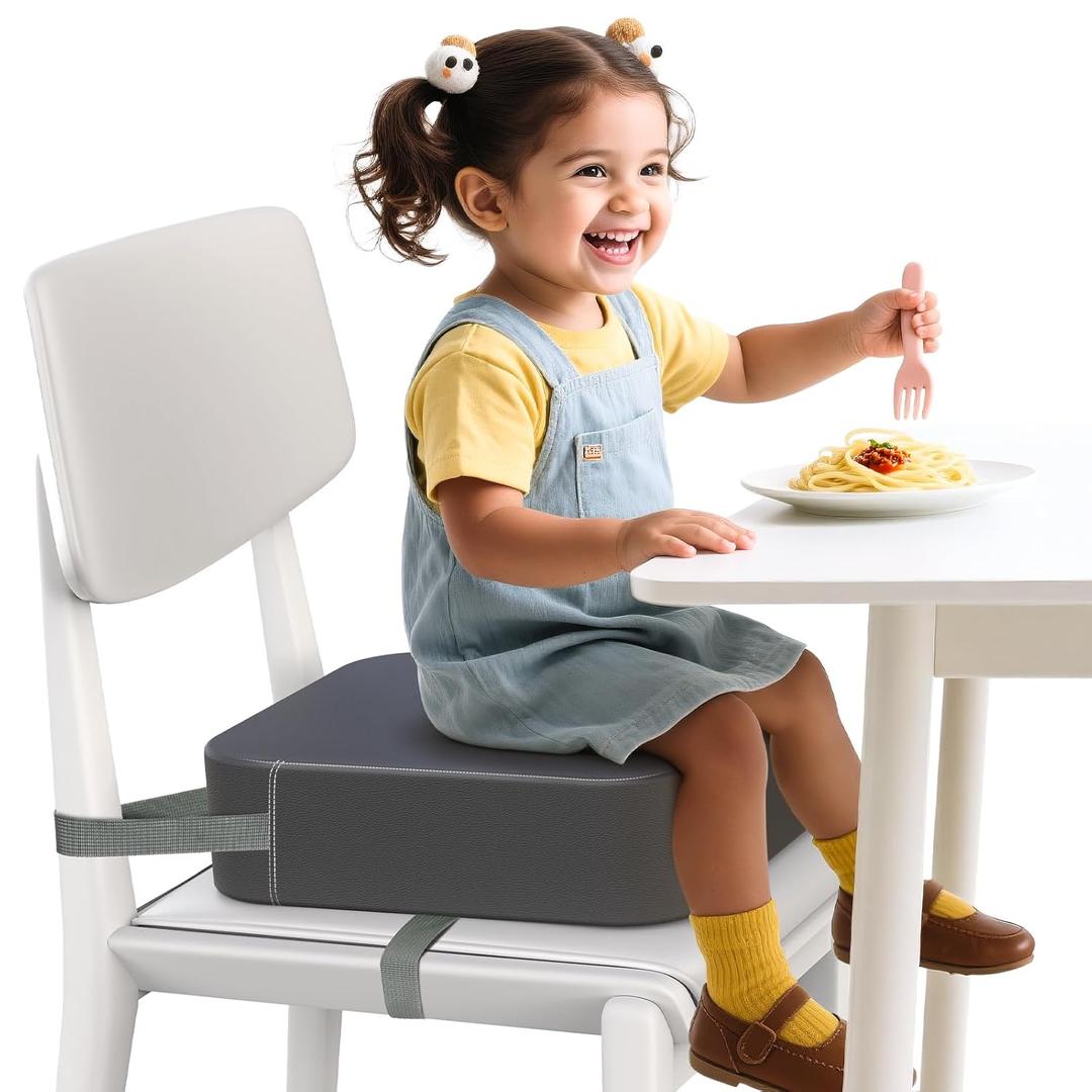 Booster Seat for Kitchen Chair  Toddler Booster Seats for Dining Table with 2 Secure Buckle Straps, PU Leather Booster Cushion Foam Chair for Baby Kids, Portable & Easy to Clean (Dark Grey)