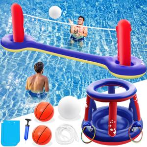 Jasonwell Pool Toys Games Set - 3 in 1 Pool Volleyball Net Basketball Hoop Ring Toss Game Inflatable Floats Water Floating Volleyball Swimming Pools Party Game Accessories Toy Gift Kids Teens Adults (Blue&red)