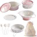 ROBOTIME Play Pots and Pans Toys for Kids  9 PCS Play Kitchen Accessories Set with Metal Cookware, Cooking Utensils & Storage Bag  Toy Pots and Pans for Toddlers Boys Girls Age 3+ (Pink)