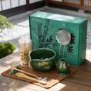 Matcha Whisk Set, 8 Pcs Gold Plum Blossom Matcha Kit for Japanese Tea Ceremony, Ceramic Bowl with Spout, Bamboo Whisk, Spoon, Scoop, Sifter, Towel, Gift for Beginners and Matcha Lovers(Green)