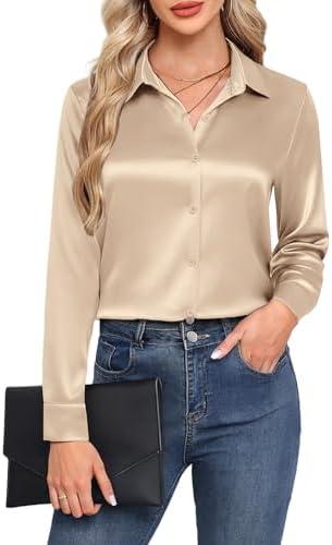 HOTOUCH Satin Shirts for Women Silk Button Down V Neck Dressy Casual Blouse Loose Long Sleeve Office Work Tunic Tops M
