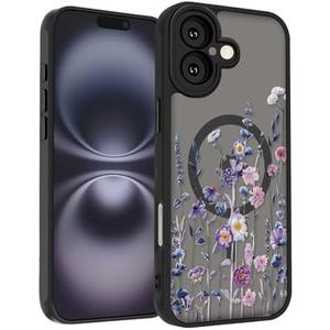 SobLn for iPhone 16 Case, Black Floral Flower Pattern Case [Compatible with MagSafe] [Translucent Matte] Cute Slim Shockproof Protective Women Girls Phone Case 6.1", Colorful Flowers