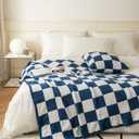 Ultra-Soft Buffalo Checkerboard Grid Fluffy Microfiber Knitted Throw Blanket Super Cozy Lightweight Checkered Bed Blanket for Sofa Couch Bed Navy 51"X63"