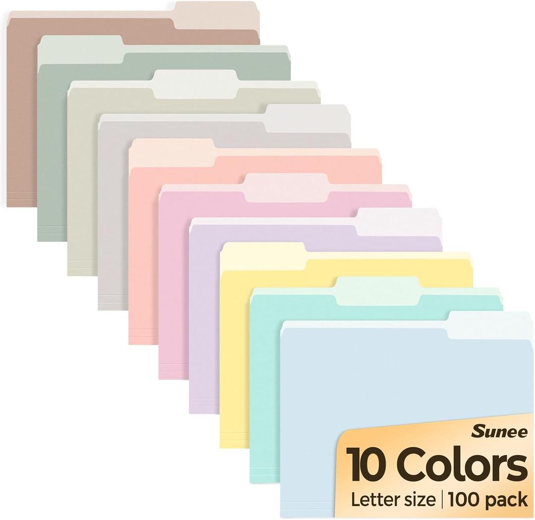 SUNEE File Folders, 100 Pack Manilla Folders 8.5 x 11, 10 Colors Folder Office Organization Home School Folders for Documents Files Paper