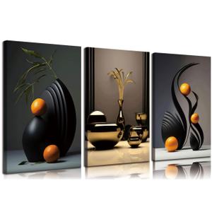 3pcs Black Abstract Canvas Wall Art Modern Still Lifes Ceramic Wall Deco Pictures Black And Orange Shapes Minimalist Posters Prints Paintings for Living Room Bedroom Bathroom Home Decoration