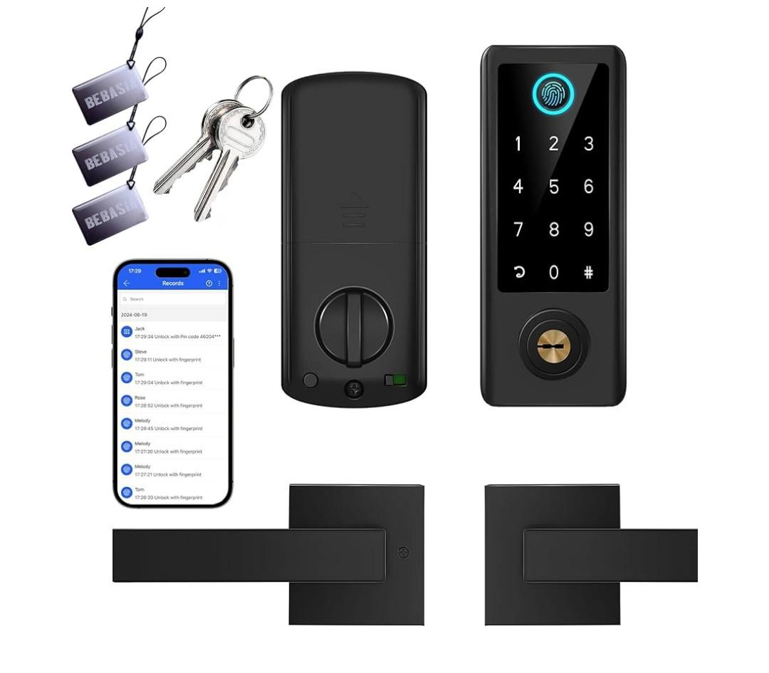 BEBASIA Smart Fingerprint Door Lock with Handle Set, Full App Control, Electronic Digital Touchscreen Keypad, Deadbolt Smart Locks for Front Door, Auto Lock, Black