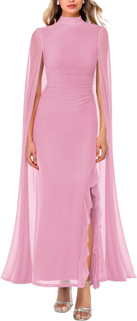 Lrady Women's Wedding Guest Dress Evening Gowns High Neck Formal Cocktail Party Maxi Bodycon Dresses with Cape Sleeve (Pink, M)