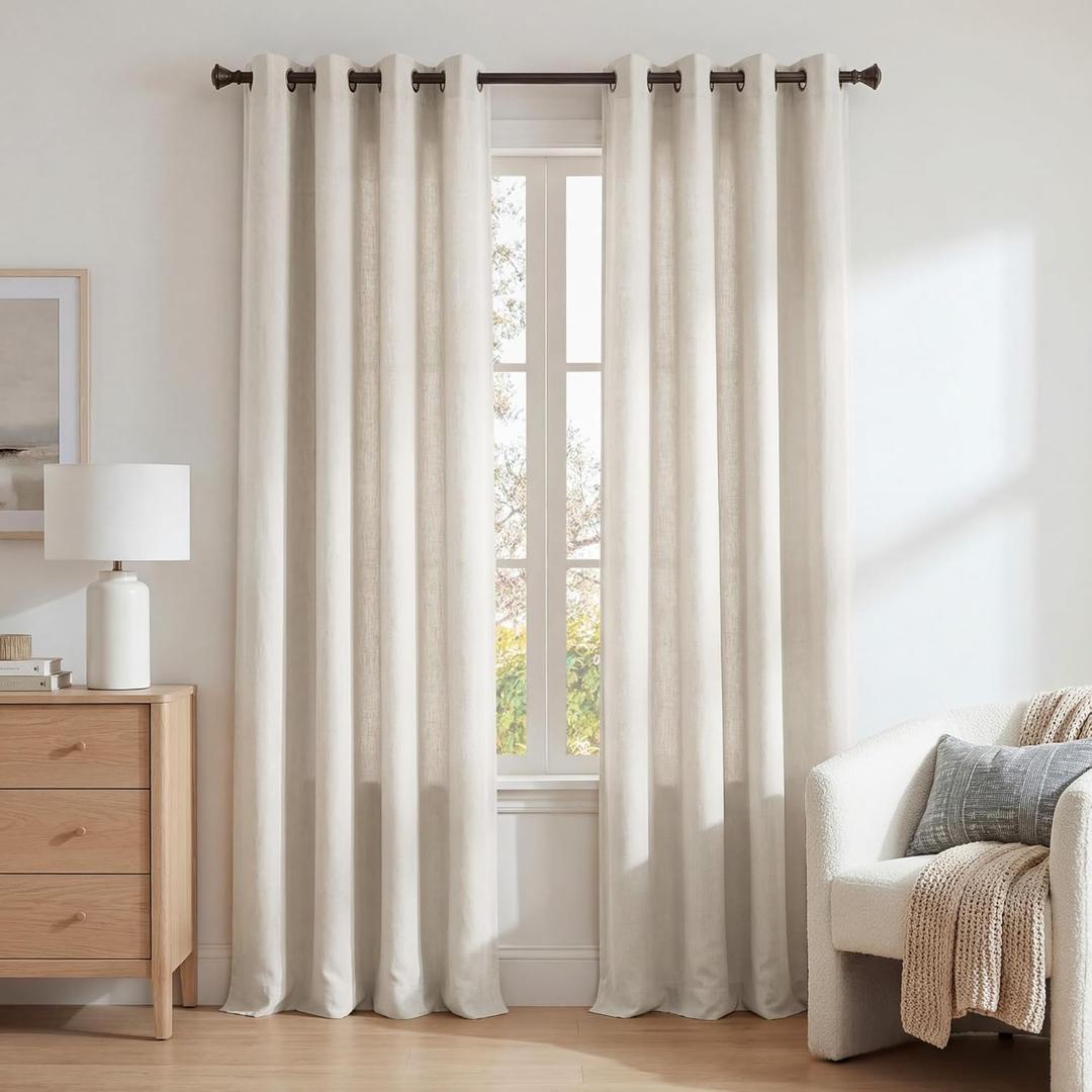NICETOWN Semi Sheer Linen Curtains for Bedroom 84 inches Long, Grommet Privacy Vertical Farmhouse Window with Light Filtering for Living Room, Natural, W52 x L84, 2 Pieces